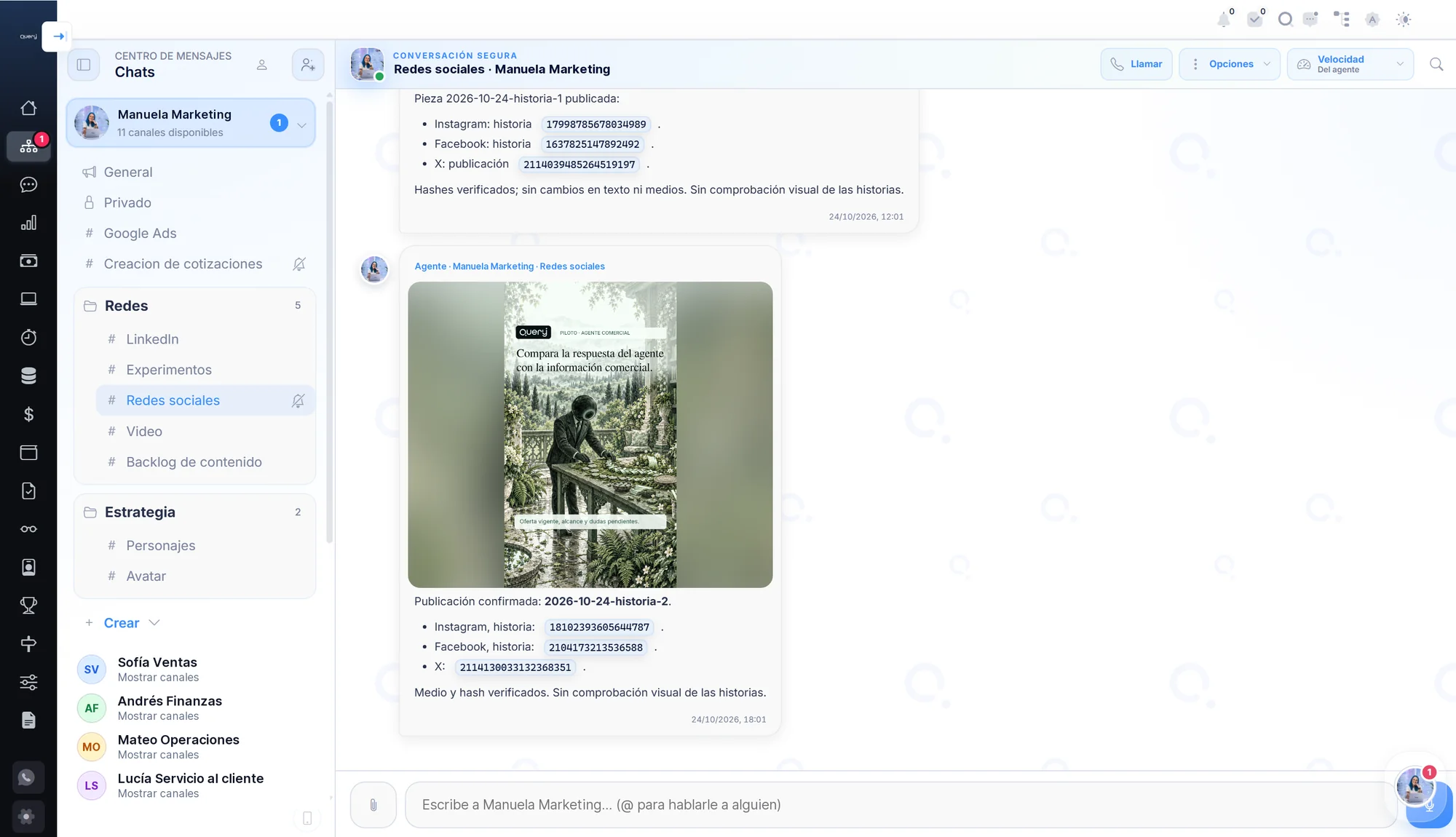 Query en modo claro: Manuela Marketing, agente del área de marketing, confirma historias publicadas en Instagram y Facebook. También aparecen los agentes de Ventas, Finanzas, Operaciones y Servicio al cliente